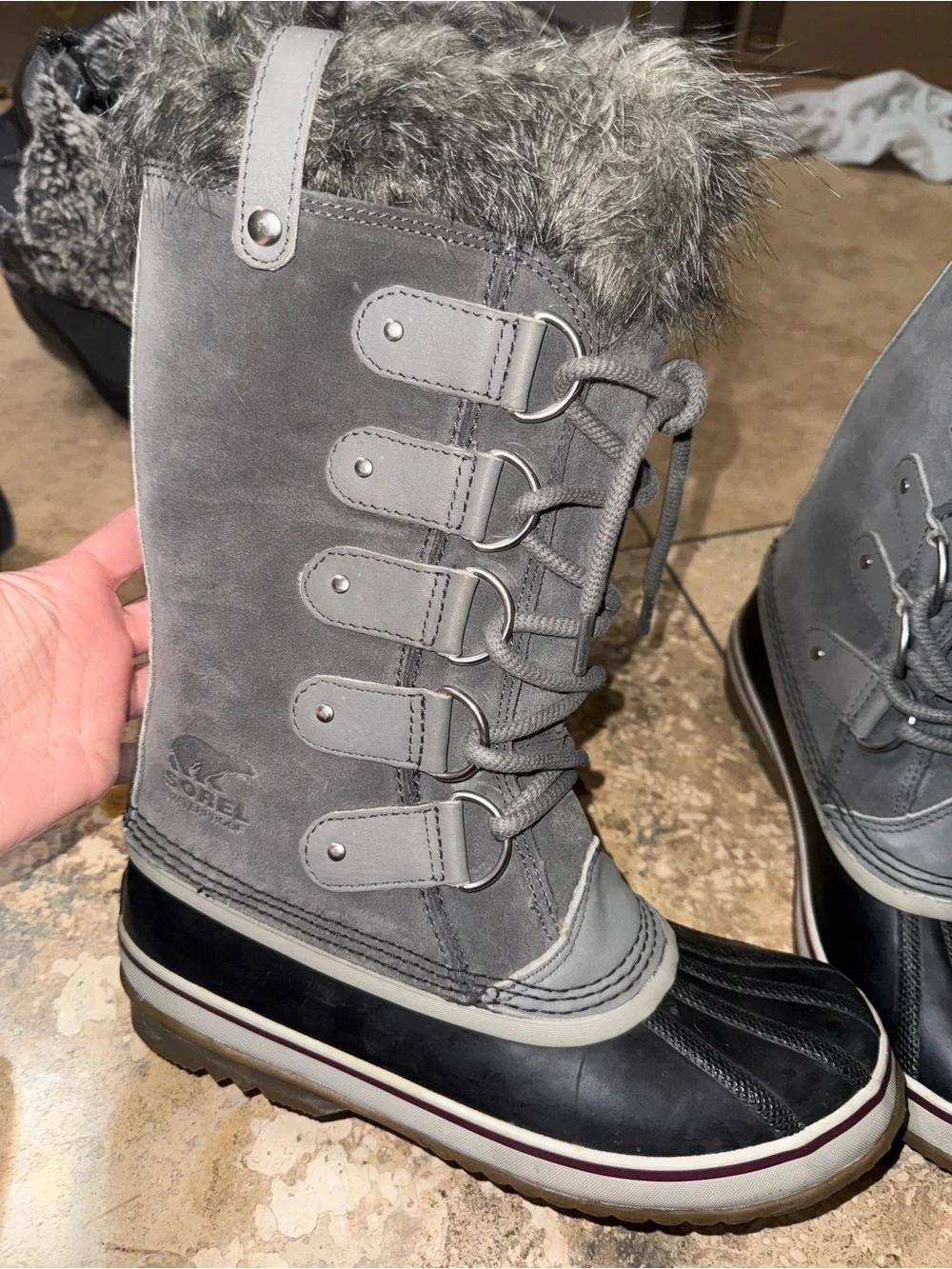 Sorel Grey Faux-Fur Lace-Up Waterproof Winter Boots